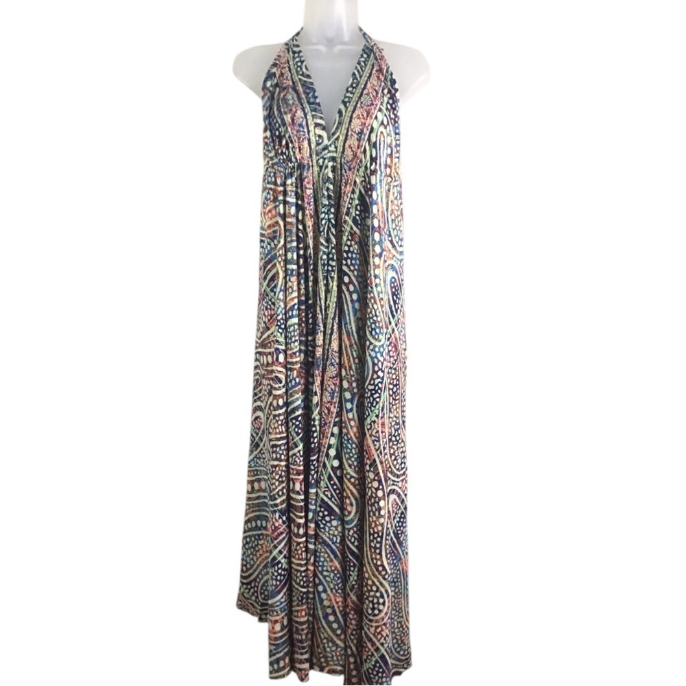 Bigg Bull Silk Boho Backless Halter Maxi Dress Green Blue Gold Metallic - Picture 3 of 13